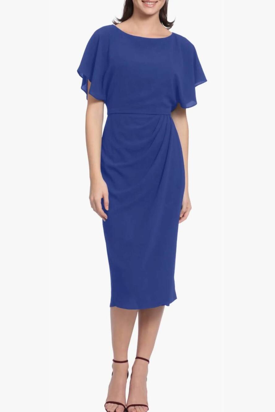 NEW MAGGY LONDON faux-wrap dolman sleeve sheath dress in blue